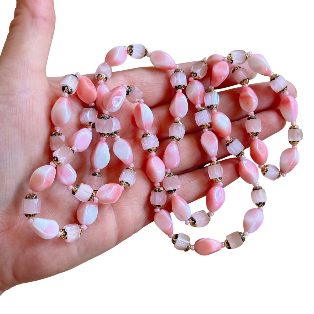 VTG Flapper Art Deco Czech Pink Swirl Glass Necklace Opera Long Beads Regal 36"